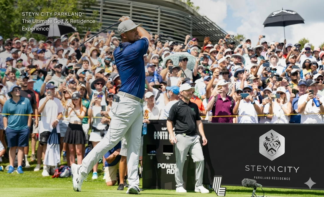 A professional golfer teeing off with a full gallery crowd at the LIV Golf South Africa tournament at Steyn City, featuring a 'Steyn City Parkland Residence' sign in the foreground