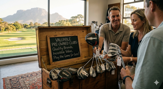 The chalkboard explicitly reads: "VALUABLE PRE-OWNED CLUBS: Quality Brands, Incredible Value, Play the Game for Less!" and price tags (e.g., 'R 1,200', 'R 2,400') are visible