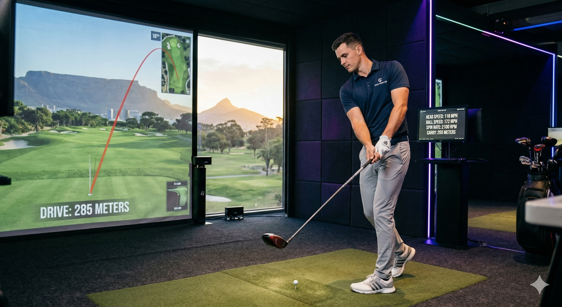 A golfer swings a driver on a synthetic mat in a modern Cape Town golf simulator, with Table Mountain and detailed performance data like 'Drive: 285 Meters' visible.